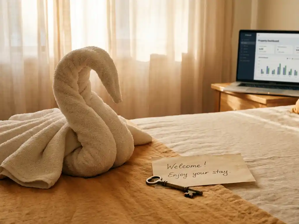 Folded hotel-style towels, brass door key, and handwritten welcome note on a linen bed with soft morning light and a property dashboard on a nearby laptop.
