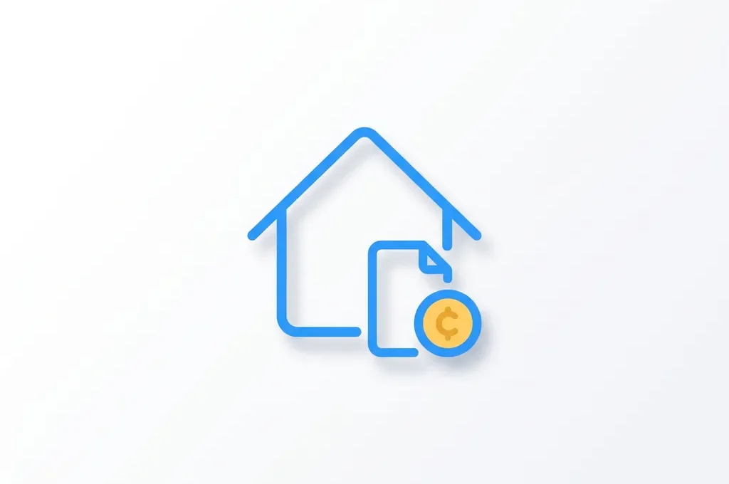 Plat icoon van een blauw huis met document en gele munt op witte achtergrond, stijlvolle illustratie over woningfinanciering.