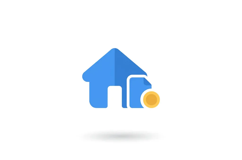Minimalistisch flat design icoon van een blauw huis met document en gele munt op witte achtergrond.
