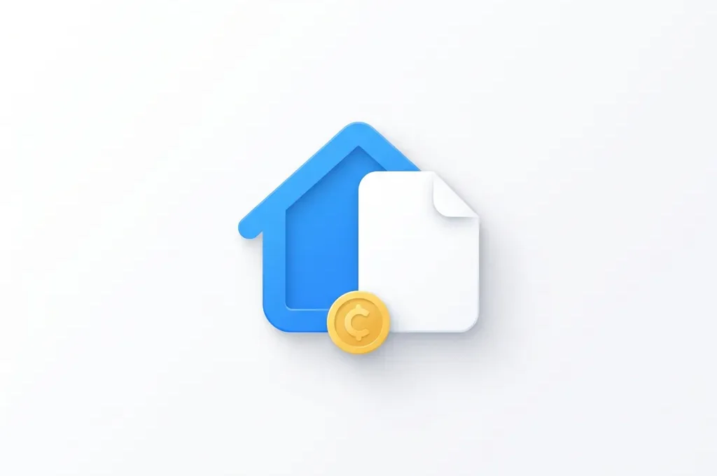 Blauw-wit plat icoon van een huis met documentvorm en gouden munt, minimalistisch ontwerp op witte achtergrond.