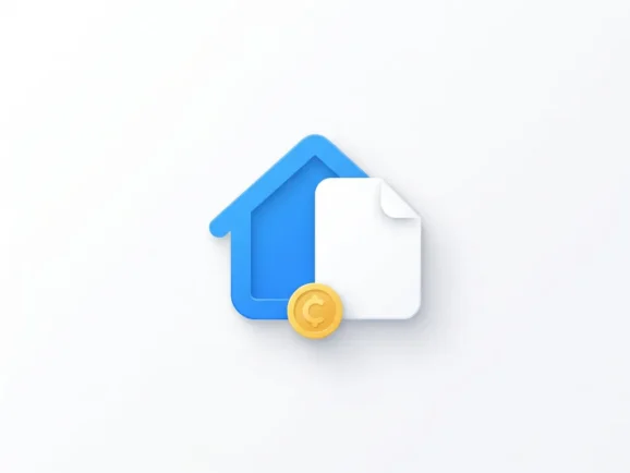 Blauw-wit plat icoon van een huis met documentvorm en gouden munt, minimalistisch ontwerp op witte achtergrond.