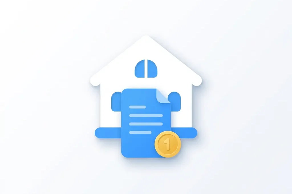 Wit huisicoon met blauw document en gouden munt, moderne flat design illustratie op witte achtergrond.