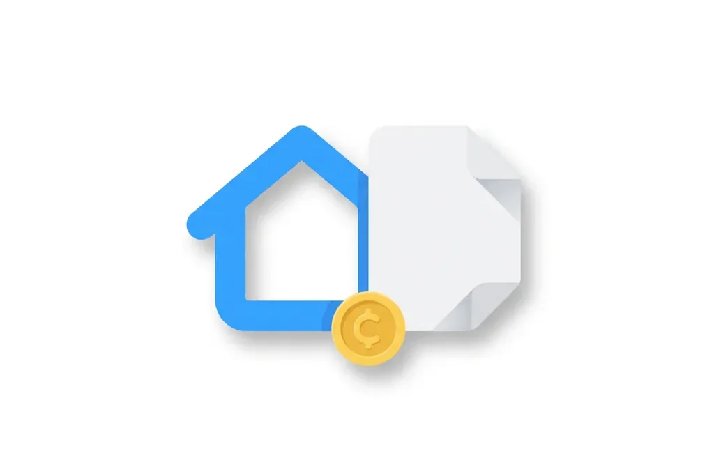 Blauwe huisicoon naast wit document met goudkleurige munt, minimalistisch flat design op witte achtergrond.