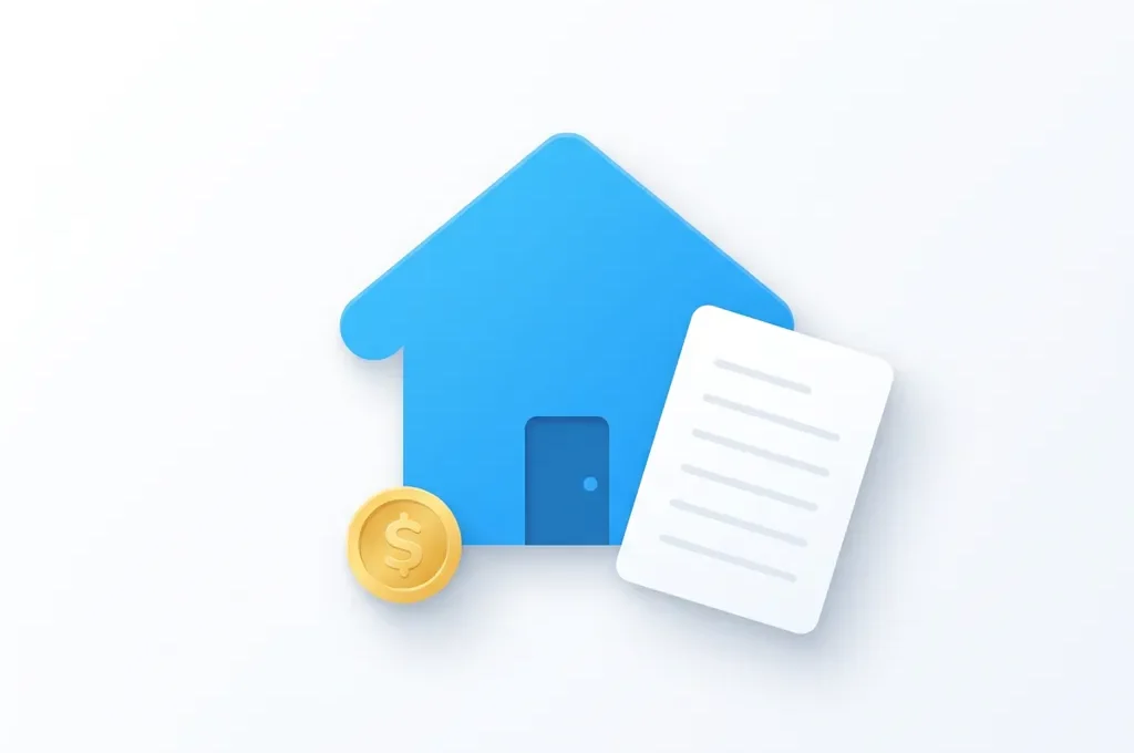 Flat icon illustratie van een blauw huis met document en gouden munt op witte achtergrond, symbool voor hypotheek of vastgoed.