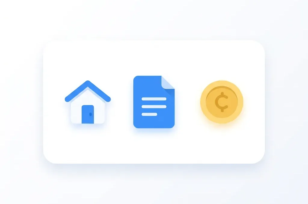 Flat icon illustratie van een wit huis, blauw document en gouden munt op witte achtergrond, symbolen voor hypotheek of vastgoed.