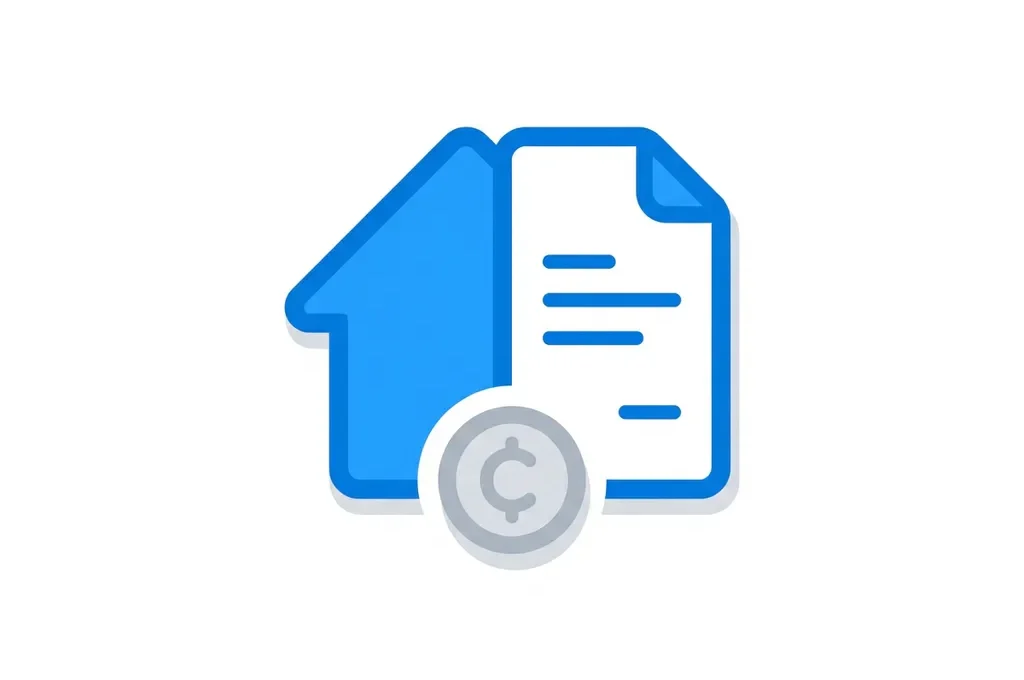 Flat icon van een huis gecombineerd met een document en muntsymbool in blauw en wit op witte achtergrond.