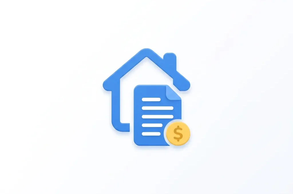Flat icoon van een huis met document en munt in blauw en geel, minimalistisch SaaS-stijl op witte achtergrond.