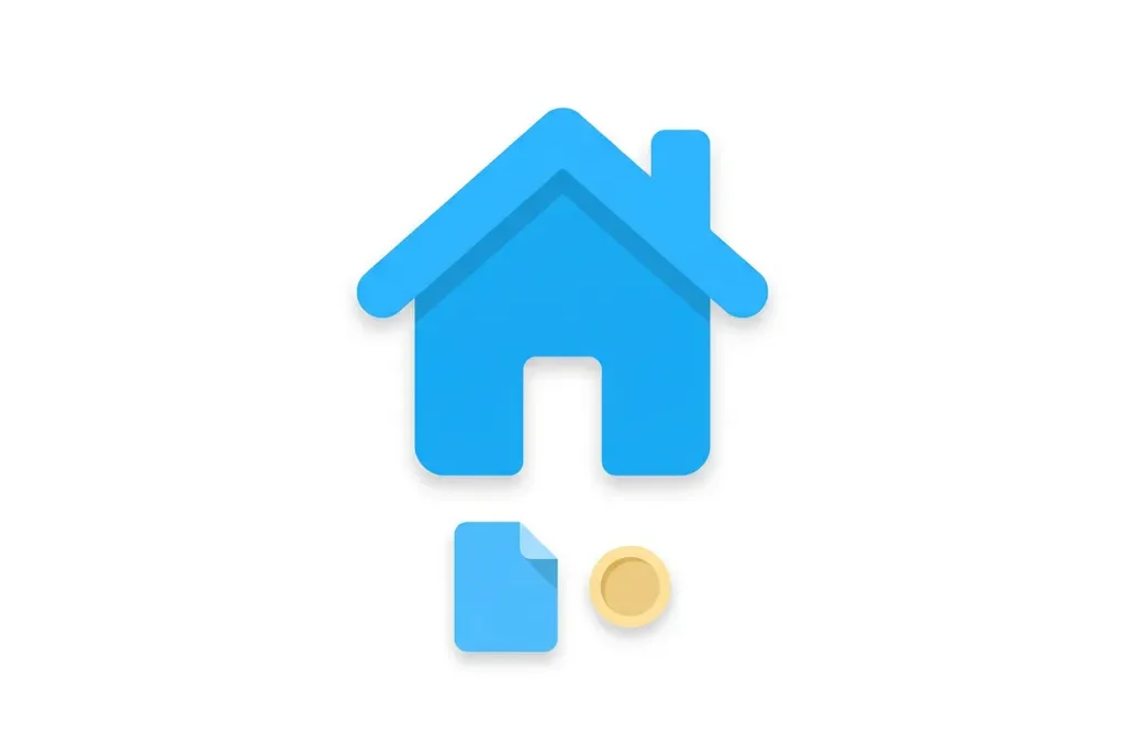 Minimalistisch blauw huis-icoon met document en muntsymbool op witte achtergrond, moderne flat design illustratie.