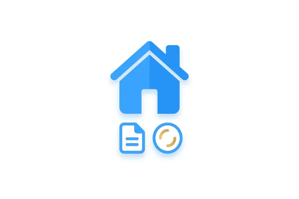 Minimalistisch flat icon van een blauw huis met document en gouden munt, moderne SaaS-stijl illustratie.