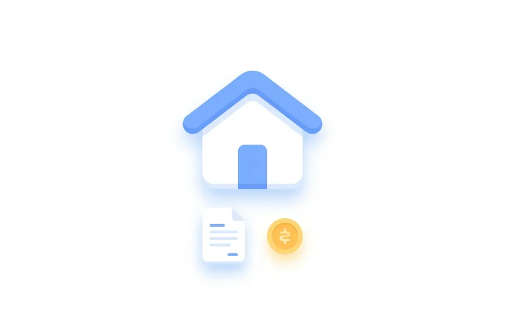 Minimalistisch flat design icoon van wit huis met blauw dak, document en gele munt op witte achtergrond.