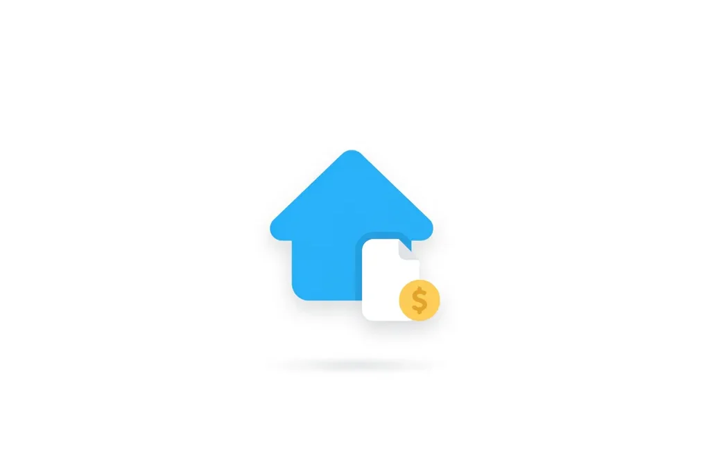 Plat icoon van een blauw huis met document en gele munt op witte achtergrond, moderne minimalistische stijl.
