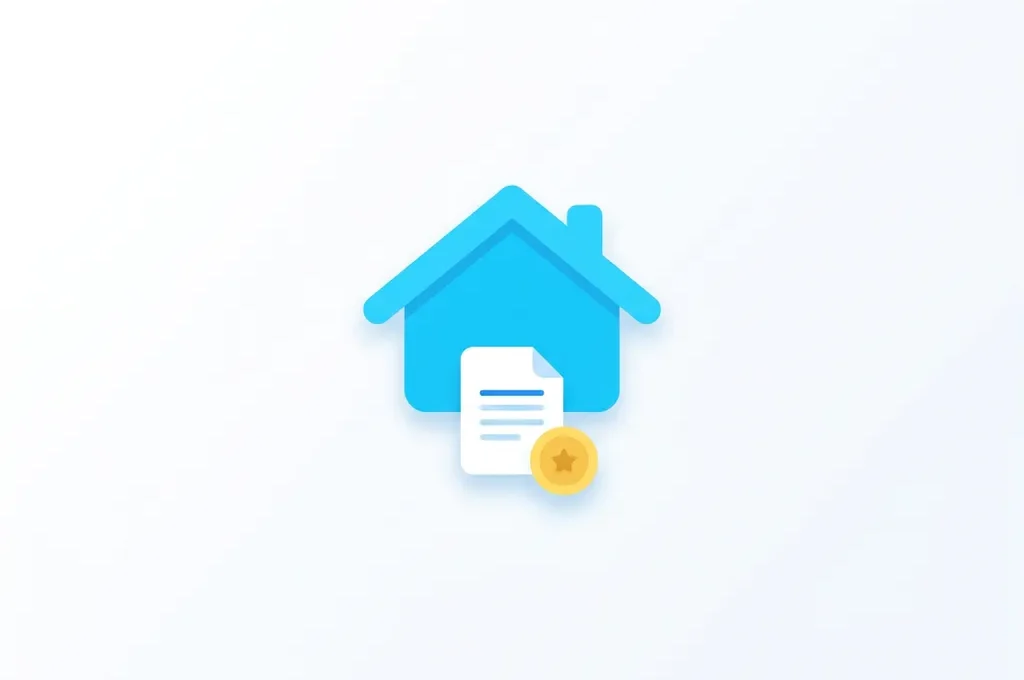Flat icon van een blauw huis met document en muntsymbool, modern minimalistisch ontwerp op witte achtergrond.