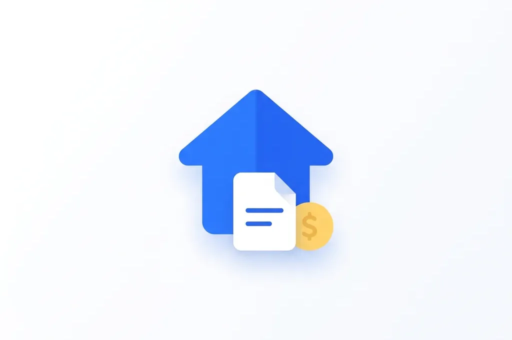Plat icoon van een blauw huis met een document en gele munt, symbool voor vastgoed of hypotheek.