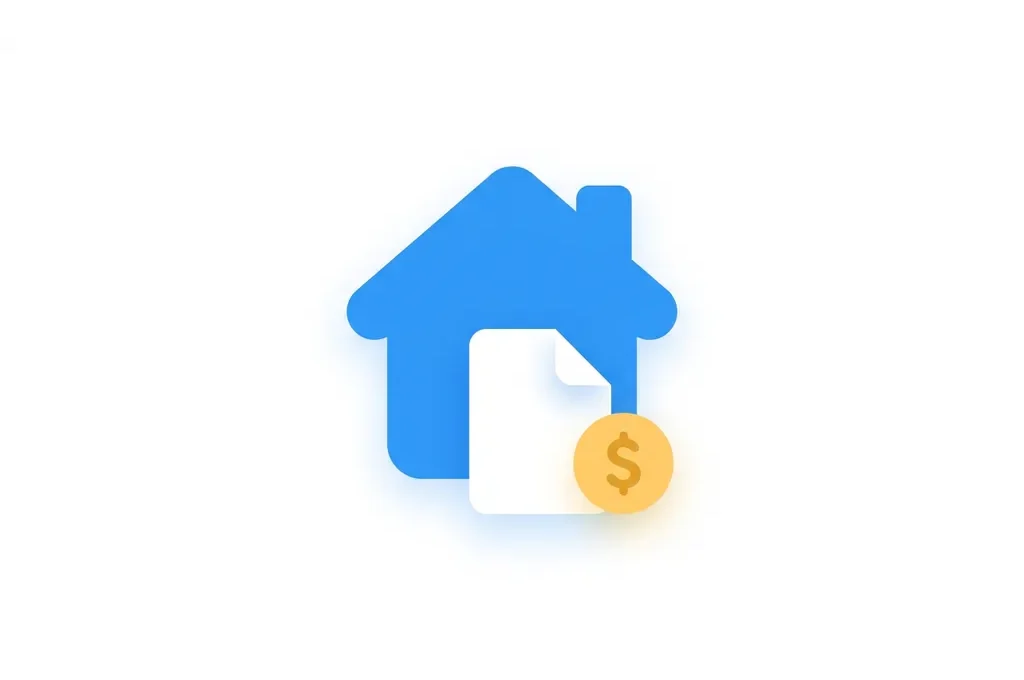 Blauw plat icoon van een huis met document en gele munt, symbool voor vastgoed en financiën.