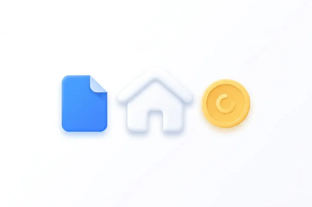 Wit huis icoon met blauw document en gele munt, moderne flat design illustratie op witte achtergrond.