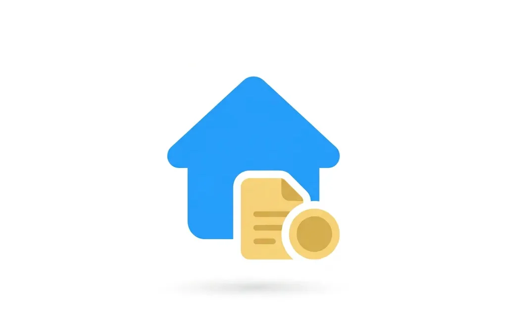 Minimalistisch blauw huis-icoon met document- en muntsymbool op witte achtergrond, moderne SaaS flat design stijl.