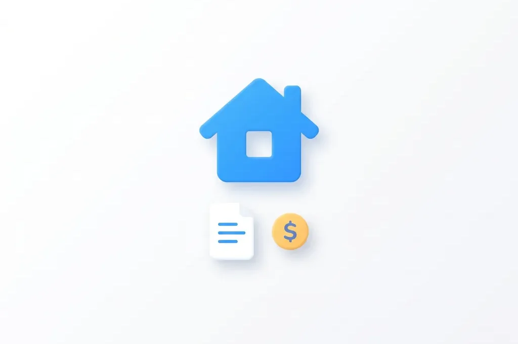 Blauw huis-icoon met document en gele munt eronder, minimalistische SaaS-stijl op witte achtergrond.