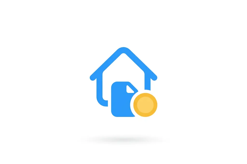 Minimalistisch flat icon van een blauw huis met document en gele munt, moderne geometrische stijl op witte achtergrond.