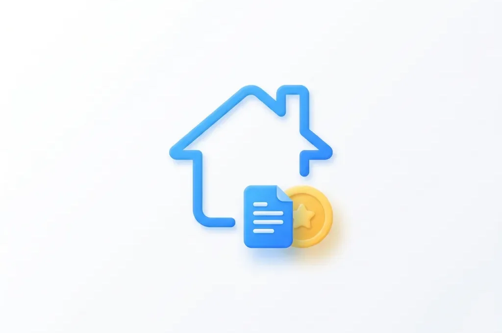 Plat icoon van een blauwe huisomtrek met een document en gele munt eronder op witte achtergrond.