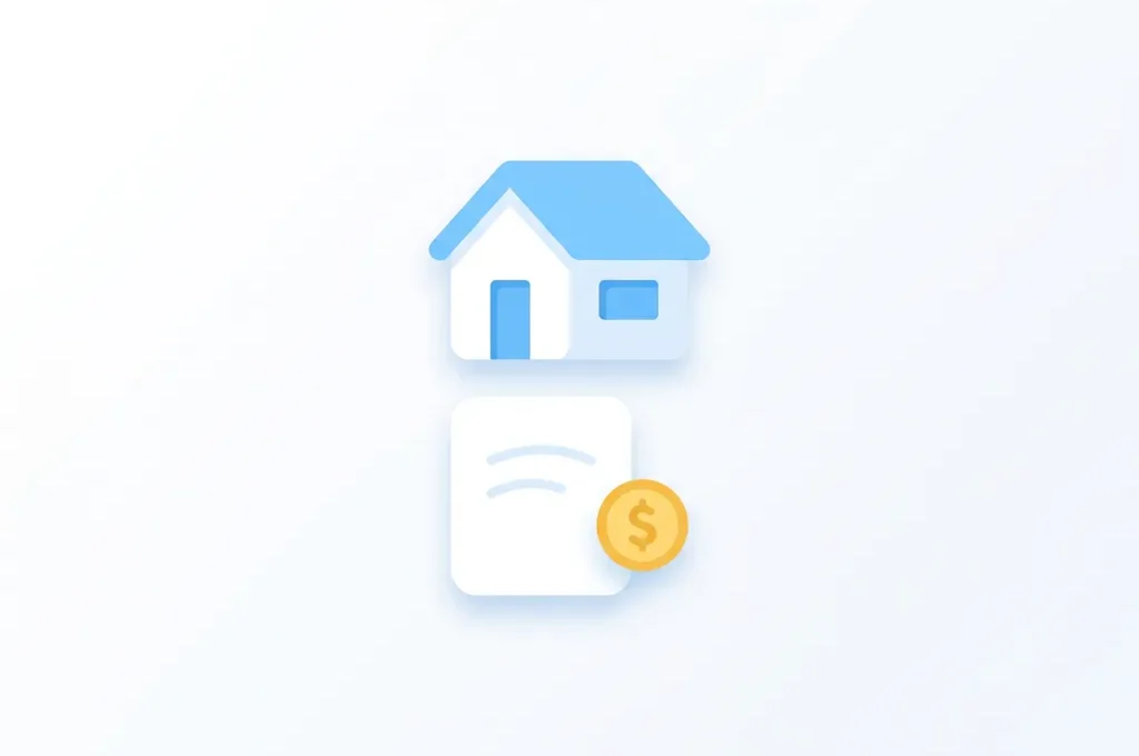 Flat icoon van wit huis met blauwe daken, document en gele munt op witte achtergrond, moderne digitale illustratie.
