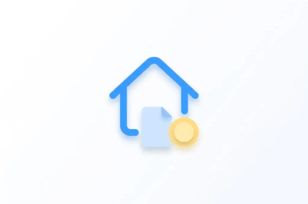 Flat icoon van een blauwe huisomtrek met een document en gele munt, symbool voor hypotheek of vastgoedfinanciering.