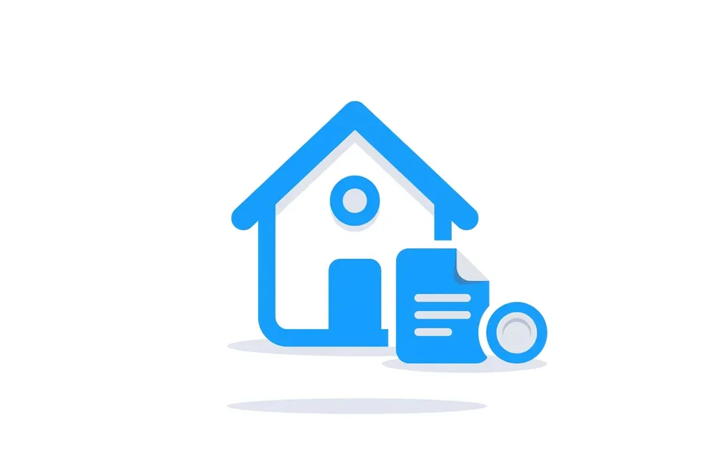 Flat icoon van een blauw-witte huis met document en muntsymbool op witte achtergrond.