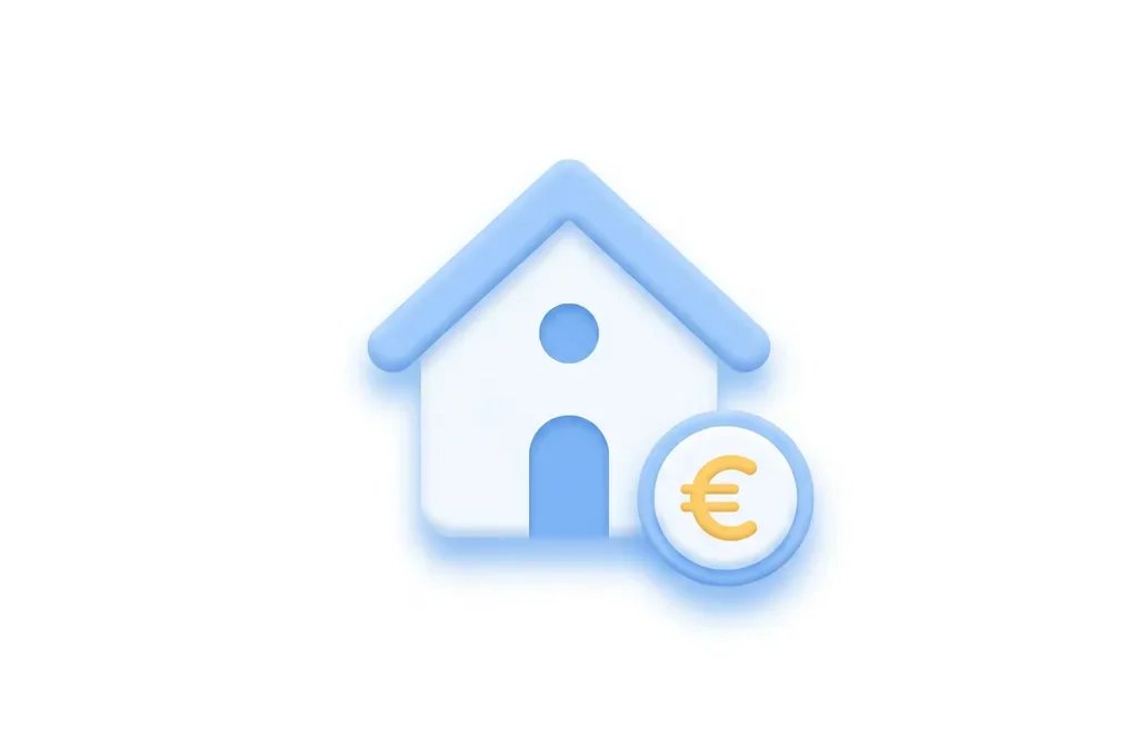 Wit huis met blauw dak naast een euromuntstuk, minimalistisch flat design icoon op witte achtergrond.