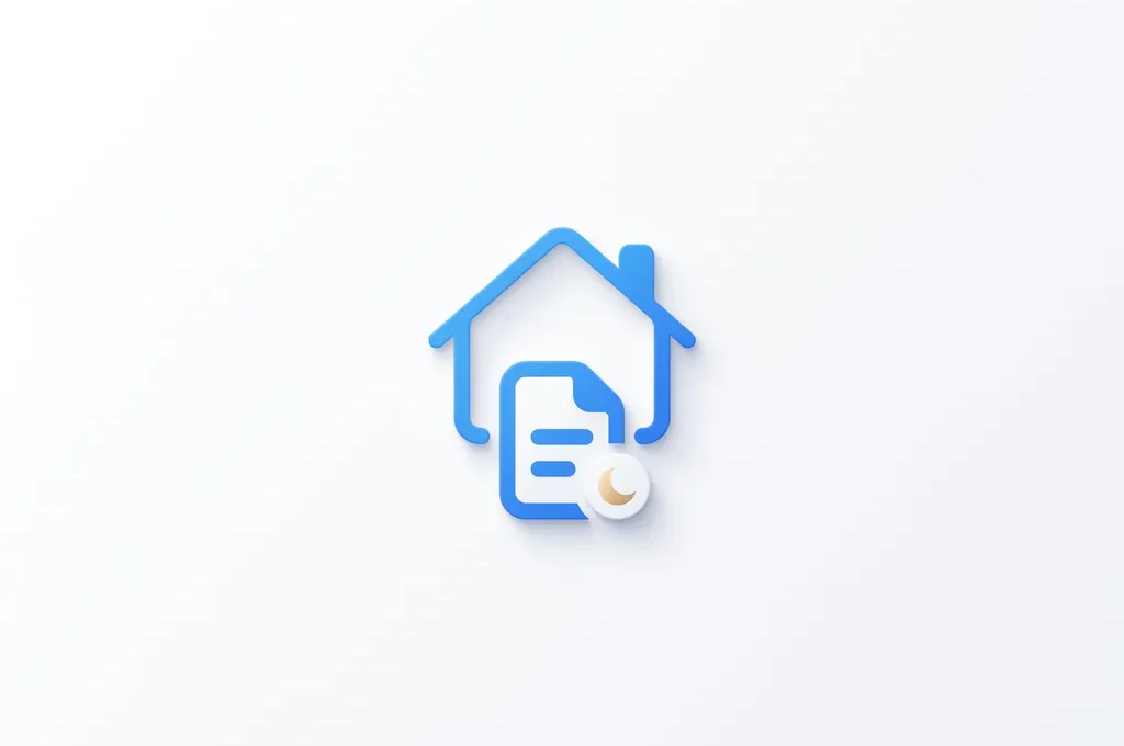 Blauw geometrisch huis-icoon met gouden munt en document, minimalistisch SaaS-stijl op witte achtergrond.