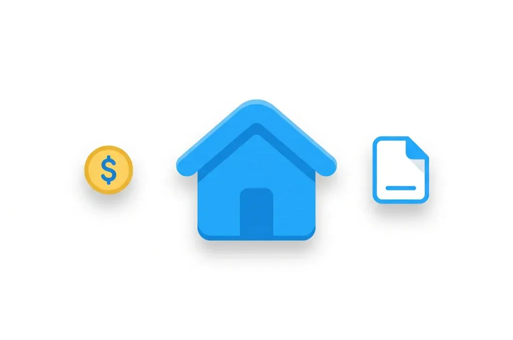 Plat icoon van een blauwe geometrische woning met gouden munt en document op witte achtergrond.