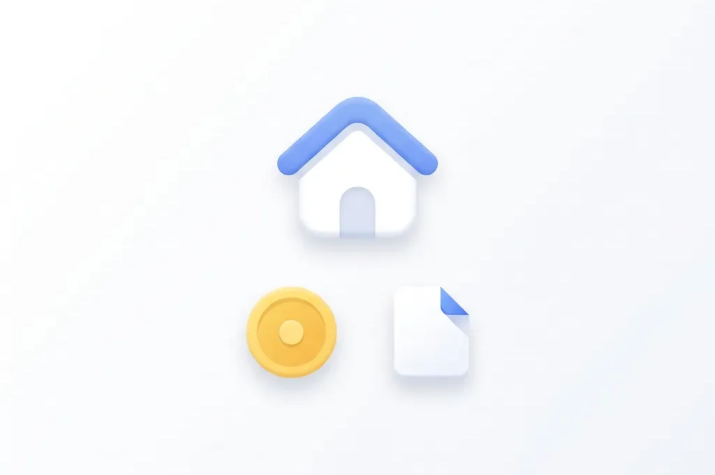Plat digitaal icoon van een wit huis met blauw dak, geel muntstuk en documentvorm op witte achtergrond.