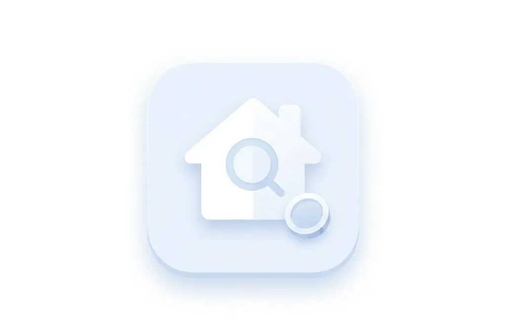 Wit huis-icoon met vergrootglas, minimalistisch flat design in blauw en wit op witte achtergrond.