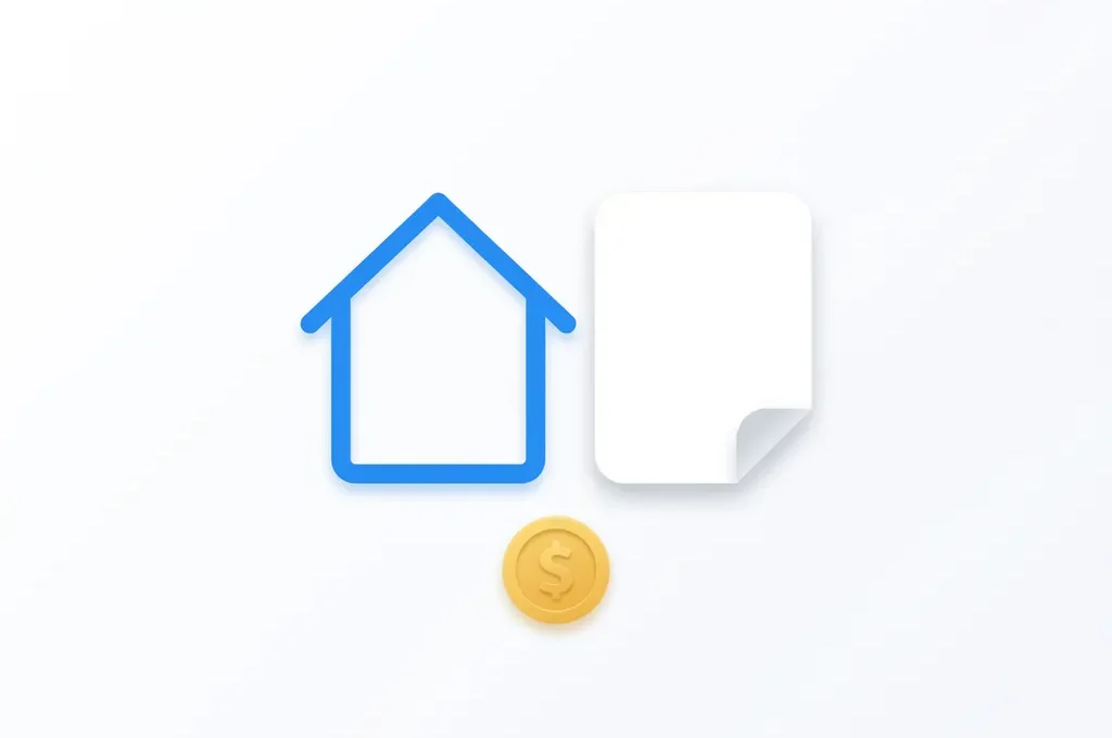 Blauw huis-icoon naast een wit document met gouden munt, minimalistisch flat design op witte achtergrond.