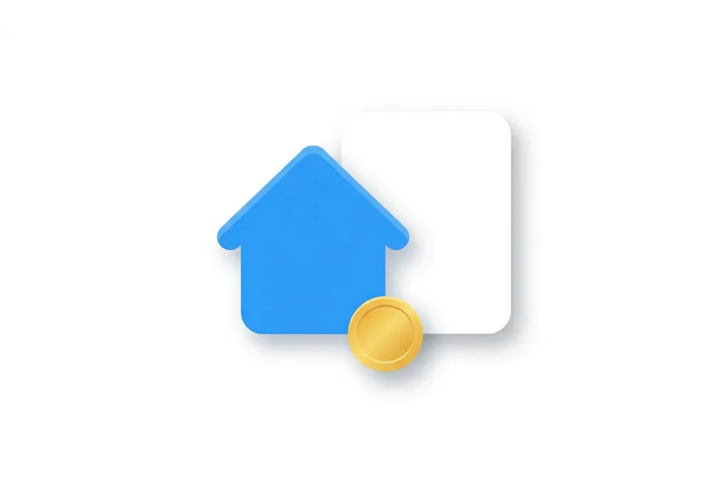 Plat icoon van een blauw huis op een wit document met een gouden munt, symbool voor hypotheek of vastgoedinvestering.