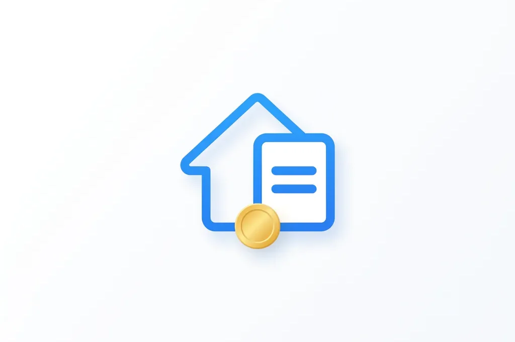Minimalistisch flat icon van een blauw-wit huis met documentvorm en gouden munt, op witte achtergrond.