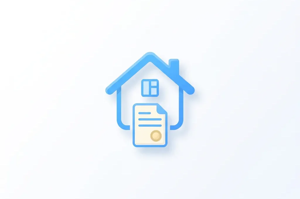 Plat icoon van een blauw geometrisch huis met document en muntsymbool op witte achtergrond.
