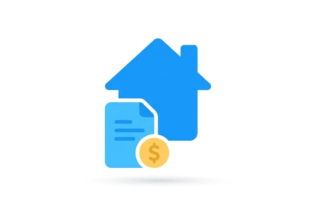 Minimalistisch blauw huis-icoon met document en gele munt, flat design illustratie op witte achtergrond.