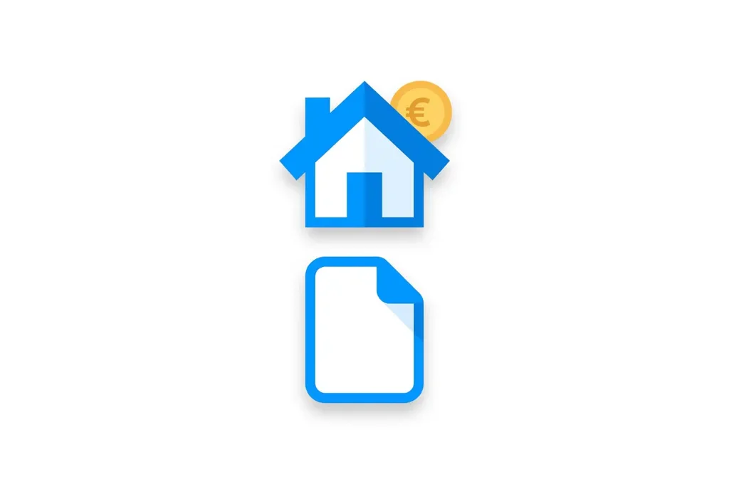 Flat digitale illustratie van een huis met euro-munt en document, in blauw, wit en geel.