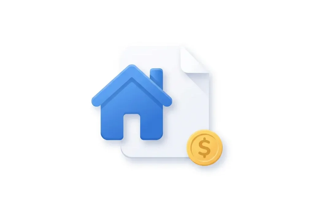 Blauw huis-icoon overlappend op wit document met gouden munt, moderne platte illustratie voor hypotheek of vastgoed.