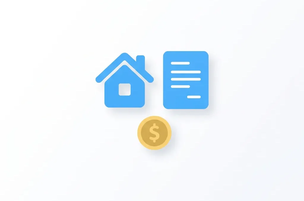 Blauw huis-icoon met document en gele munt, moderne flat design illustratie voor hypotheek of vastgoed.