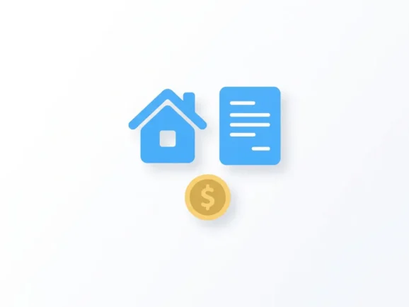 Blauw huis-icoon met document en gele munt, moderne flat design illustratie voor hypotheek of vastgoed.