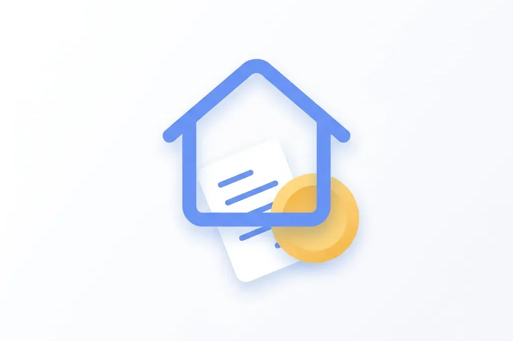 Flat icon van een blauw huis met een document en gele munt eronder op witte achtergrond.