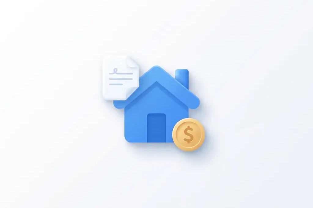 Blauw huis-icoon met gouden munt en documentvorm op witte achtergrond, flat design illustratie van hypotheek of vastgoed.