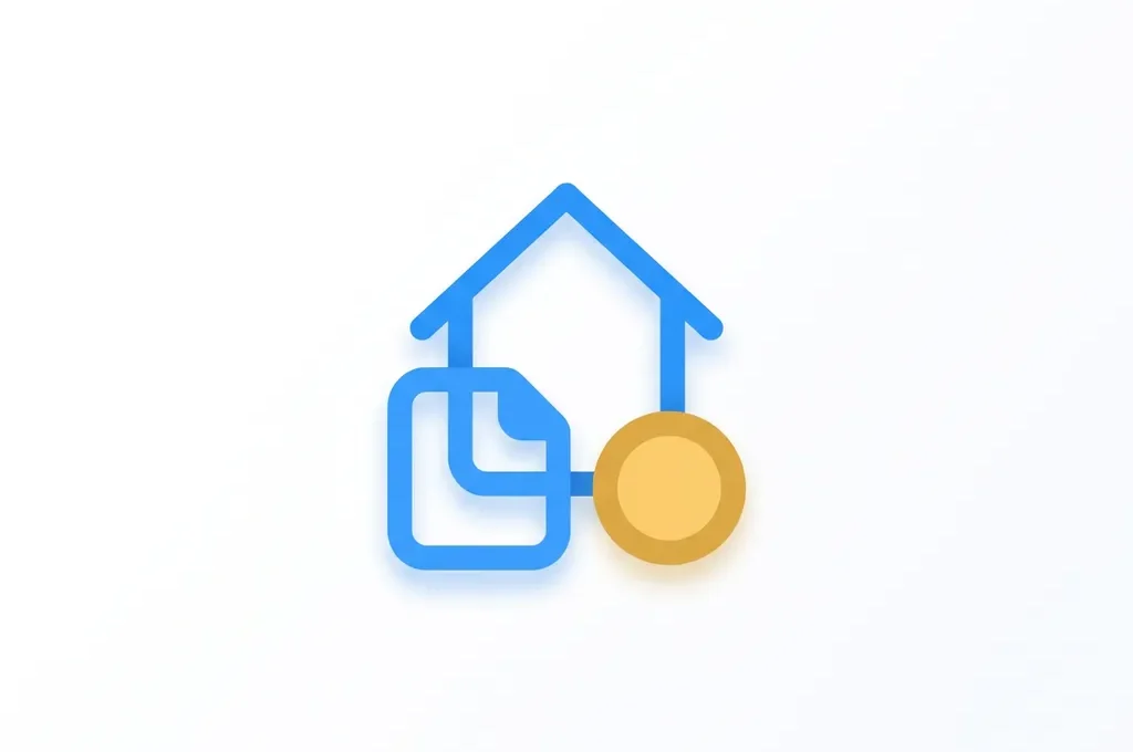 Blauw huis-icoon met document en gouden munt op witte achtergrond, minimalistische flat design stijl.