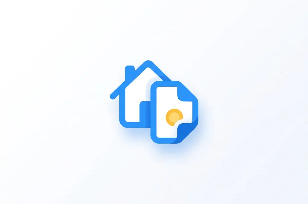 Plat icoon van een huisomtrek gecombineerd met een document en muntsymbool in blauw, wit en geel op witte achtergrond.