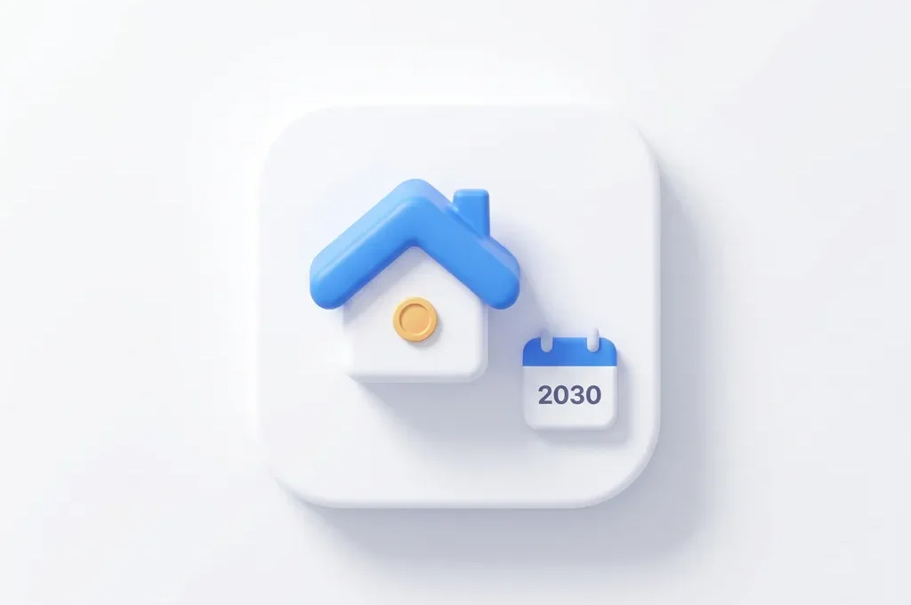 Miniatuur modelhuisje met witte muren en blauwe dak naast een 2030-kalenderblok op witte achtergrond.