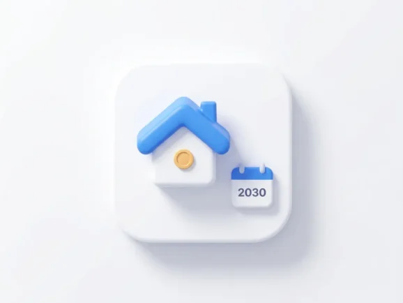 Miniatuur modelhuisje met witte muren en blauwe dak naast een 2030-kalenderblok op witte achtergrond.