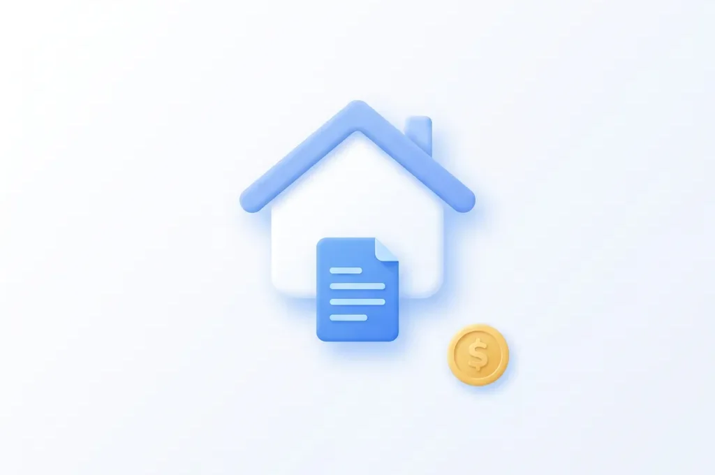 Minimalistisch flat icon van wit vakantiehuis met blauw dak, document en gouden munt op witte achtergrond.