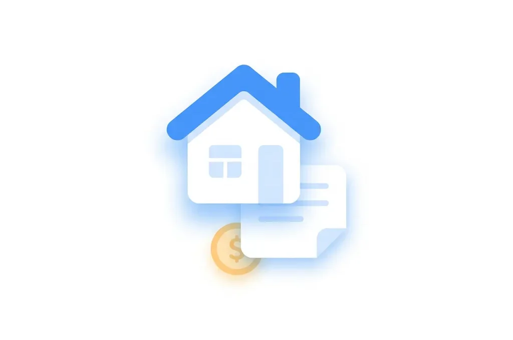 Minimalistisch flat design icoon van wit vakantiehuisje met blauw dak, document en gele munt, op witte achtergrond.