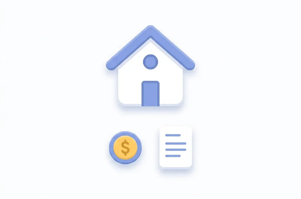 Minimalistisch flat icon van een wit vakantiehuisje met blauw dak, munt en document symbool op witte achtergrond.