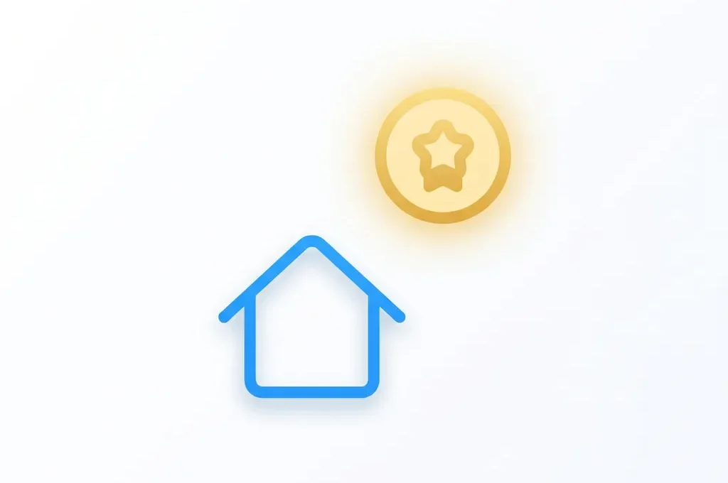 Gouden Airbnb-stijl medaille naast een blauw geometrisch huispictogram op witte achtergrond, minimalistische flat design illustratie.